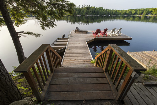 muskoka muskokalakes lake lakes water ontario canada northamerica stairs boat dock chairs reflection morning sunrise relax calm quiet nature landscape wood outdoors forest