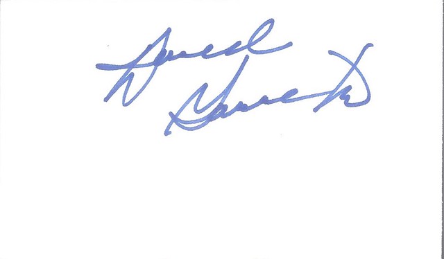 Darell Garretson autographed index card
