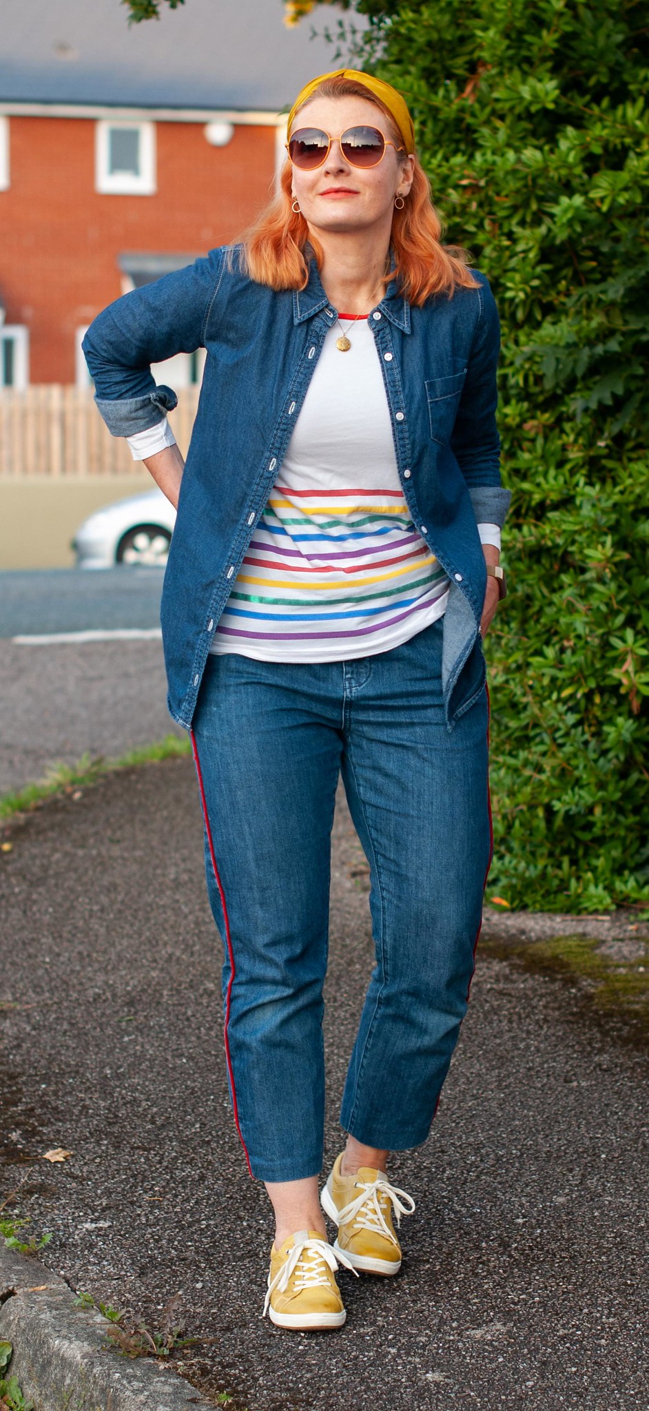 Adding Rainbow Brights to Good Old Double Denim | Not Dressed As Lamb, over 40 style blogger