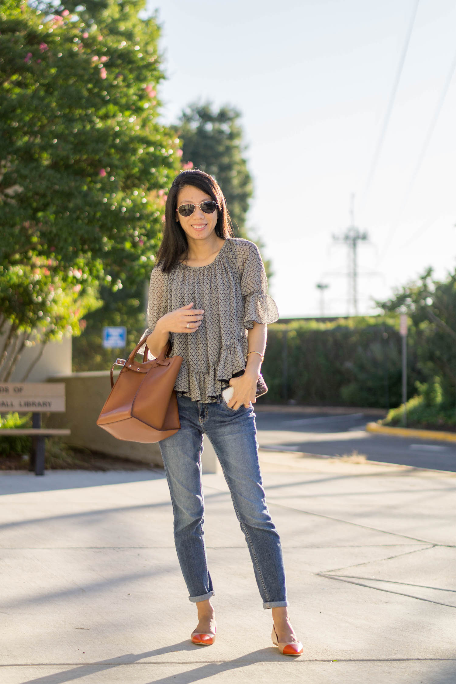 Isabel Marant Adriana ruffle top, Banana Republic Factory girlfrirend jeans, Celine small big bag, Tory Burch Penelope embossed cap toe flats