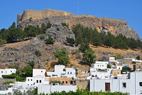 houses lindos rhodes rodos greece town ancient architecture cloudless rock wall acropolis hill buildings