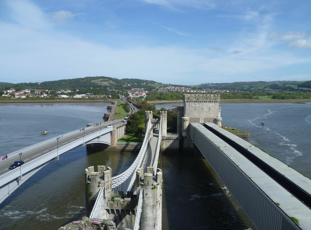 The three bridges at Conwy in North Wales looking east.