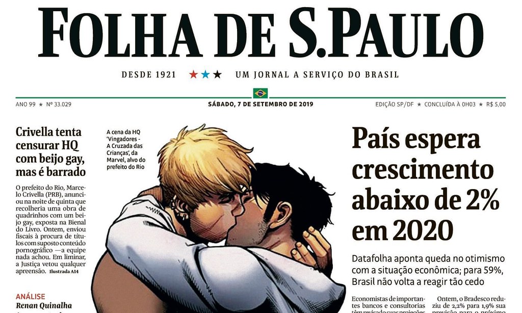 巴西最大報聖保羅頁報刊登漫威擁吻畫面，抨擊里約熱內盧市長禁書行動。