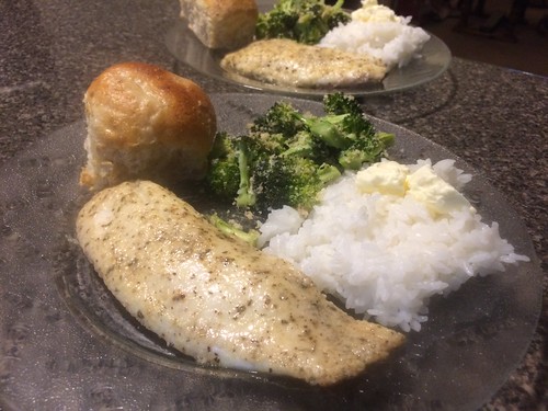 food dinner dish parmesan tilapia rice broccoli roll