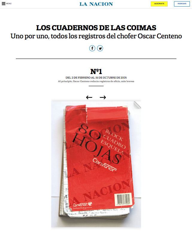 Screenshot of one part of the Driver’s Notebooks project from La Nación