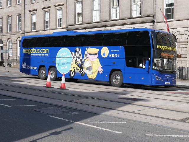 Stagecoach Midland Red South Volvo B11RT Plaxton Elite i YX68UAT 54610, in Megabus livery, at York Place prior to entering Edinburgh Bus Station on 5 September 2019 operating service M20 to Sheffield and London.