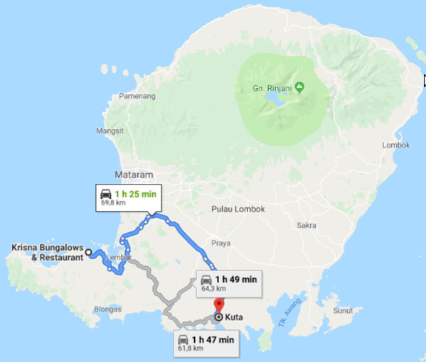 Mapa Lombok: trayecto que hacemos hasta Kuta