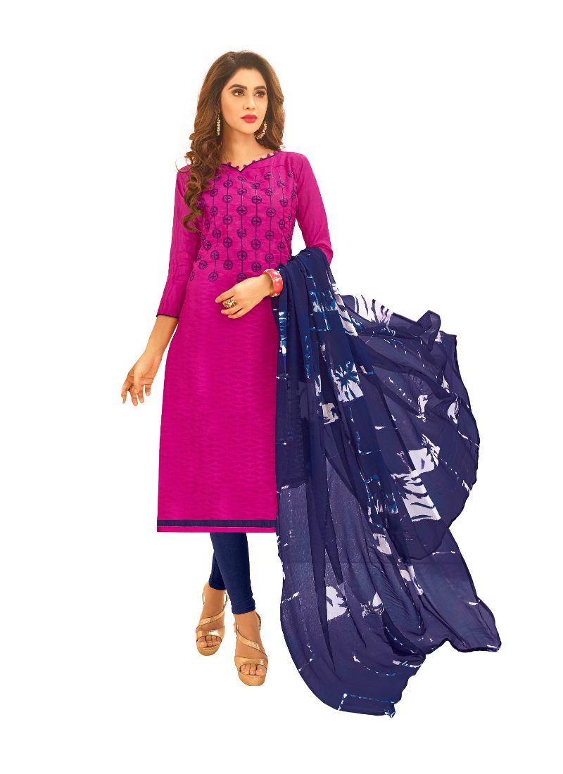 Generic Women's Cotton Jacquard Unstitched Salwar-Suit Material With Dupatta (Magenta, 2-2.5mtrs)