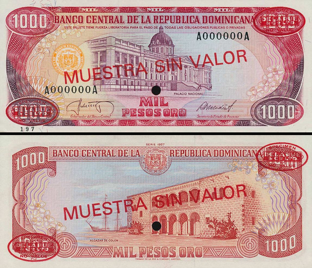 1000 Pesos Oro Dominikánska republika 1985 P124-s2 MUESTRA
