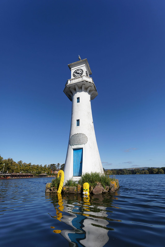 To launch the new brand campaign from LEGO, an octopus has been installed by the lighthouse in the Roath Park lake in Cardiff, Wales, UK