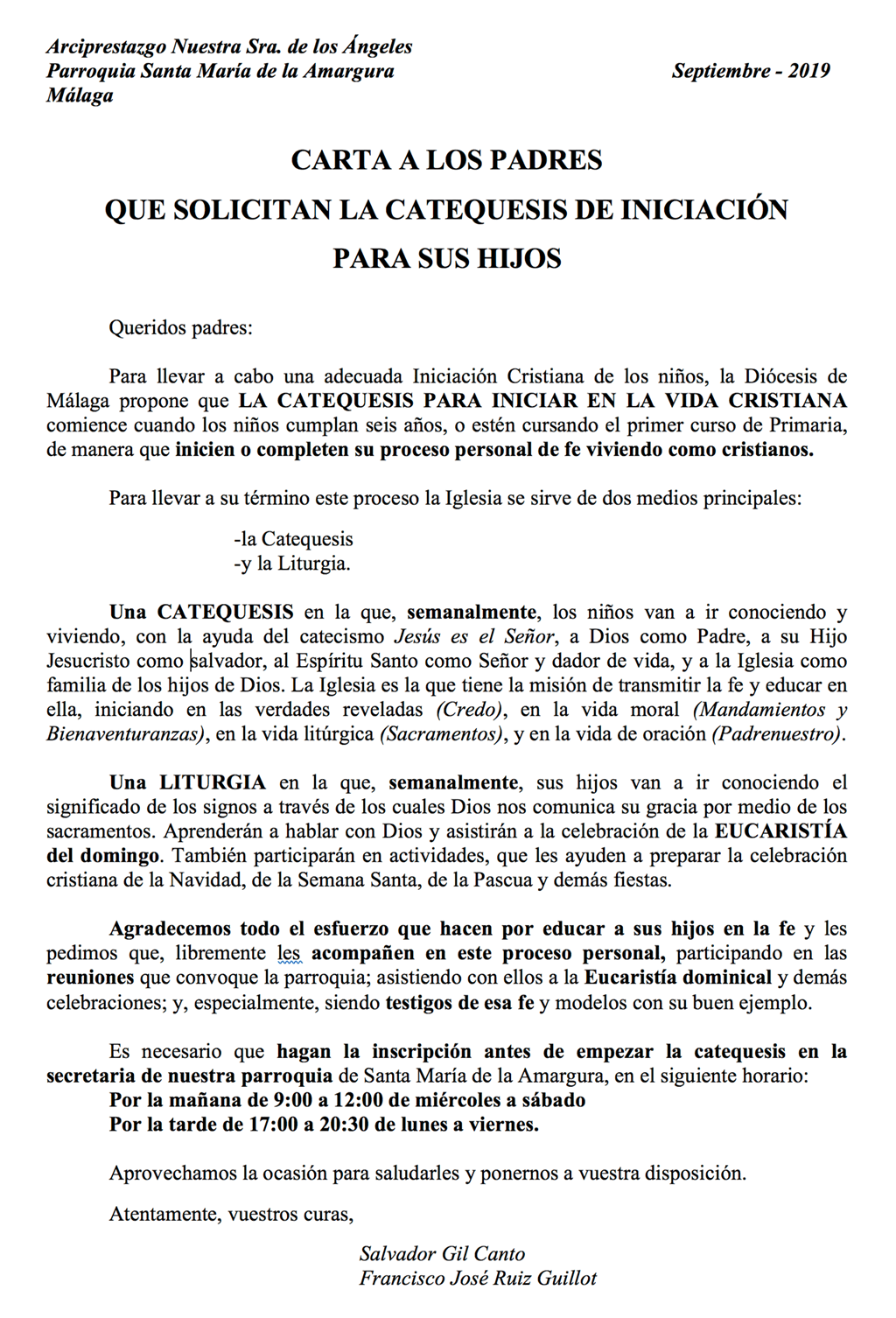 Carta a los padres que solicitan la catequesis de iniciación para sus hijos  - Parroquia Santa María de la Amargura (Málaga)