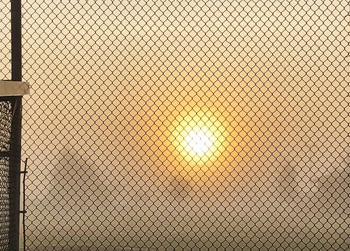 landscape fog sunrise baseballfield fence abstract