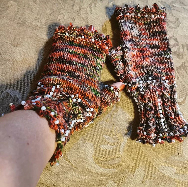 Paulette’s newest pair of Prudence beaded fingerless gloves by Louisa Harding! Learn how to make these with her starting October 2!
