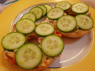 Bagels with lox and dill cream cheese and cucumber