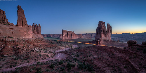 courthouse towers tower babel organ arches national park light trail sunrise desert rock formations moab utah warren chamberlain