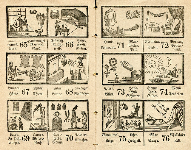 Traumbuch, Traumbilder, geordnet nach den dazu gehörenden  Lottozahlen, 65 - 76