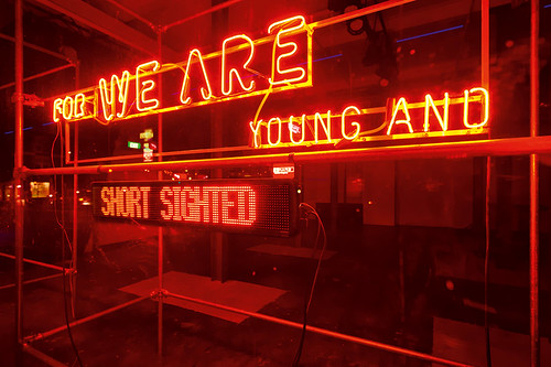 New Anthems I quotes the opening line from Australia’s official national anthem rendered in neon with internet-connected LED signs, at the Judith Wright Centre for Contemporary Arts in Brisbane, 2009. Photograph by Stefan Jannides.