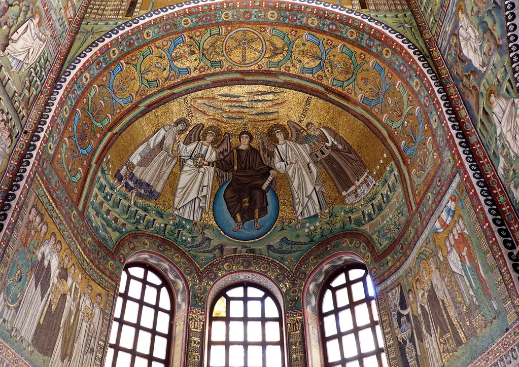 Christ with Bishop Ecclesius offering a model of the church and St. Vitale, apse of Basilica of San Vitale, begun in 525; Ravenna (2)
