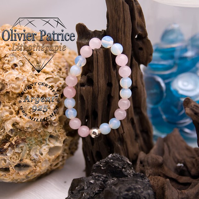 Bracelet en opale et quartz rose avec sa boule en argent 925