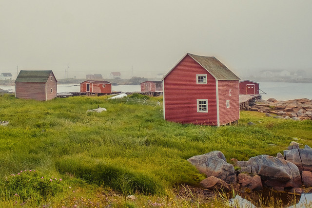 fishing sheds  in the fog