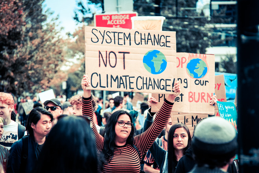 People in a protest holding signs protesting climate change