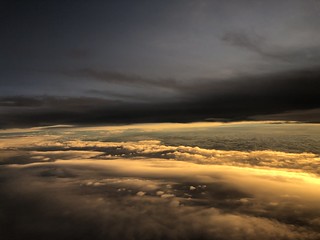 Dramatic sunrise sky, circling in the air over Chicago, Illinois