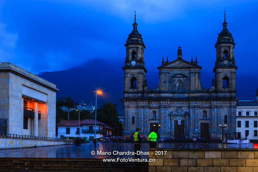 Bogota, Colombia - Plaza Bolivar on a rainy evening, after Sunset, with an almost Ethereal Blue Background