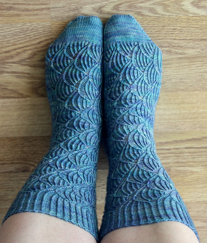 Handknit Pomatomus socks modeled on feet, viewed from above