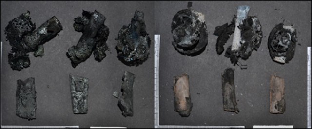 Blackened fragments of animal bone due to burning on the left and lighter coloured fragments of animal bone on the right which show some fracturing due to inversion