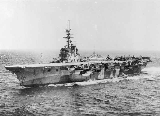 HMS Glory (R62) with HMS Wizard (R72) in  the Pacific august 1945.
