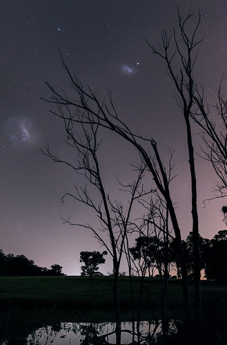 large magellanic cloud panorama stitched mosaic southern hemisphere cosmos western australia dslr long exposure night photography nikon stars astronomy space galaxy astrophotography outdoor ancient sky 35mm d5500 landscape tracked ioptron skytracker star tracking dead trees lake water light pollution bailup