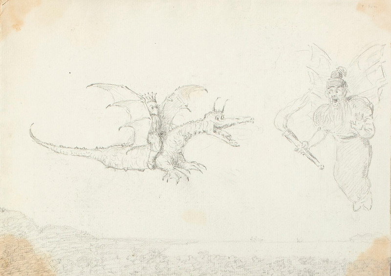 Crowned man on a dragon with a flying genii holding a torch