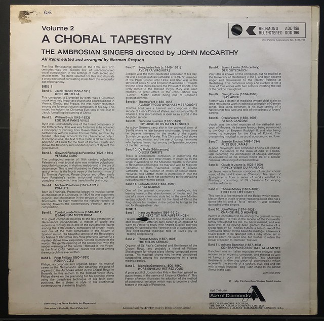 Backside A Choral Tapestry - The Ambrosian Singers, John McCarthy, Vol.2, Decca Ace of Diamonds SDD 196, 1969