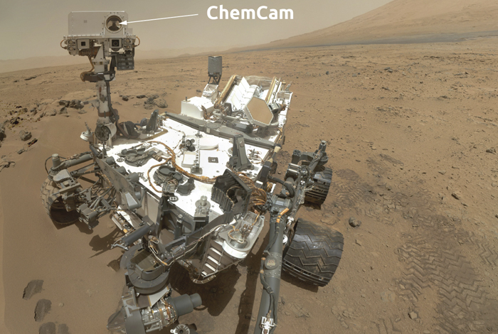 The ChemCam—short for “chemistry” and “camera”—sits atop NASA’s Mars Curiosity rover.