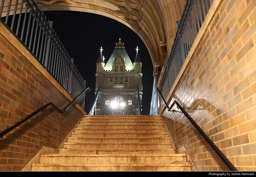 Staircase leading up to Tower Bridge, London, UK