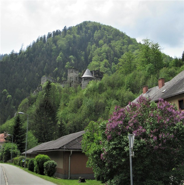 Springtime view of Burg Schachenstein, castle above Thörl, Austria
