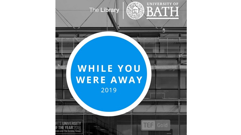 Cover image of the While you were Away report 2019.  Shows black and white view of Library frontage with report title and presented by the Library.