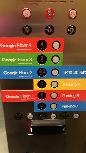 User interface attempt to explain complex floor and parking situation, google colors, elevator buttons, overlays, Google, Fremont, Seattle, Washington, USA