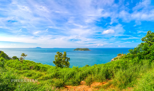 Panorama of Southern Phuket - Nai Harn, Ya Nui, Ao Sane beach and Promthep Cape. October 2019