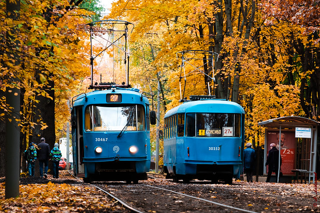 Two Tatra T3 trams in autumn