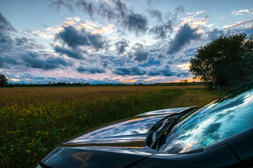 hdr crv goshen elkhartcounty autumn color fall car clouds honda geotagged evening nikon colorful outdoor farm indiana nikond5300 sunset sky reflection tree rural reflections outside unitedstates hood windshield soybeans