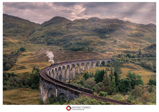 Una llum magica rep el Tren de Harry Potter sobre el viaducte de Glenfinnan.