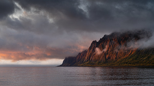senja norway fall waterfall autumn mountain mist fog cloud landscape photography fjord bergsbotn nature sony a7rii