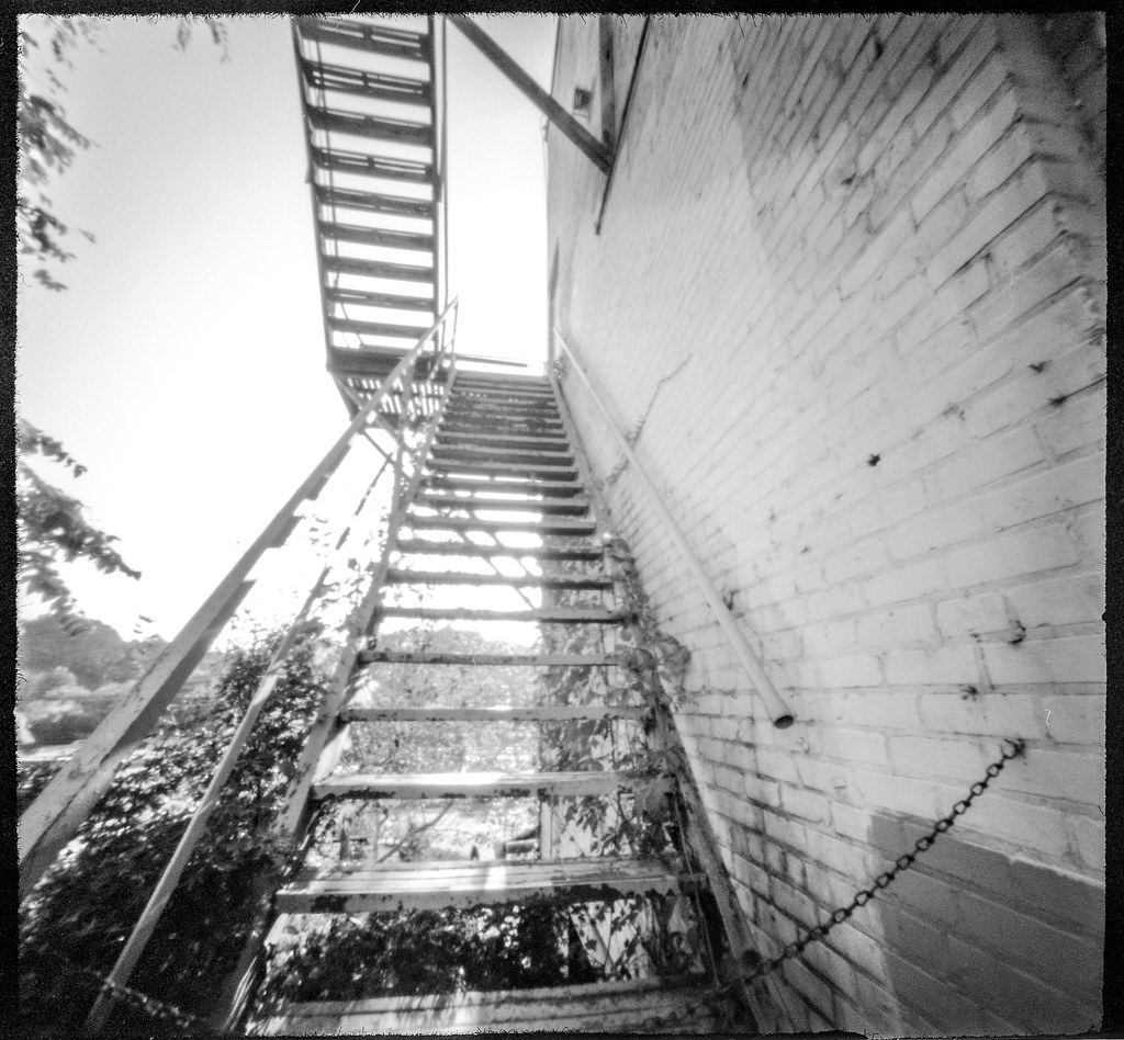 looking up, outdoor stairway, fire escape, architecture, River Arts District, Asheville, NC, 6x6 pinhole camera, Ilford FP4+, HC-110 developer, 10.10.19 (1 of 1)