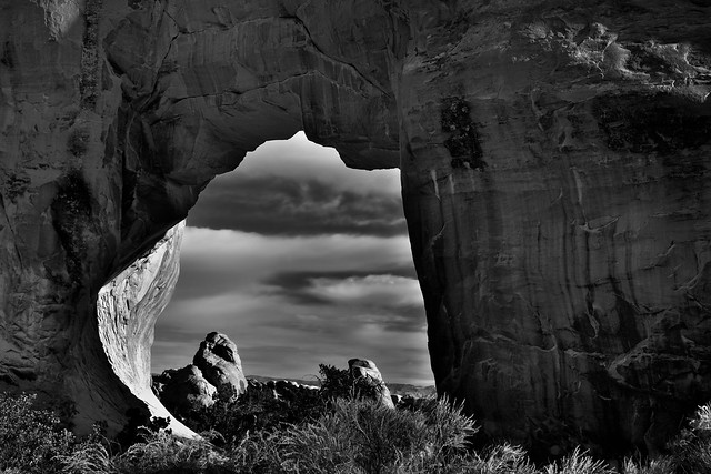 Rock Formations and Clouds (Black & White, Arches National Park)