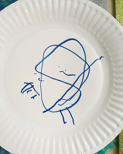 Here is Goo’s first portrait of Mama. Note the bulbous belly, the disgruntled expression—so common now that I approach my due date! We are very proud. Medium: marker on paper plate, 2019.