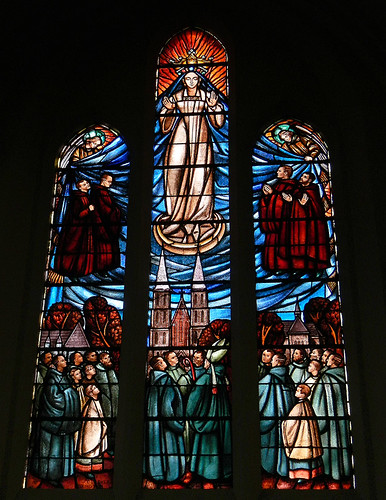 Stained-glass windows in a cathedral in Maredsous, Belgium