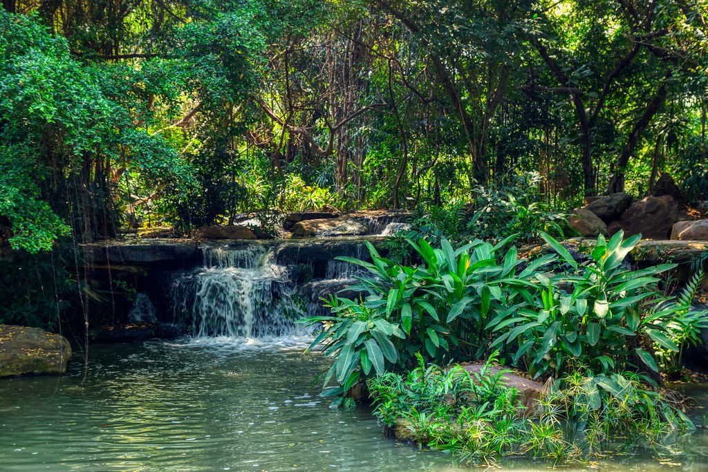 Small waterfall in Suan Luang Rama IX park in Bangkok, Thailand