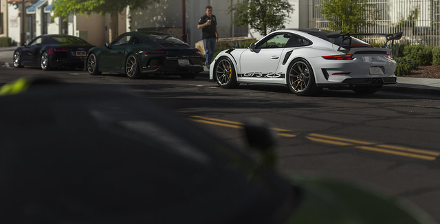 Porsche 911 GT3 RS, GT3 Touring and Audi R8 at Fourtillfour Cars and Coffee