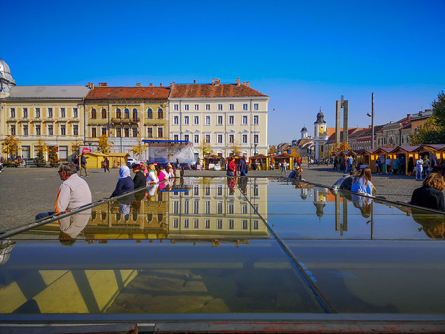 Glass plates in city center of Cluj-Napoca in Romania. Provides reflection effect.